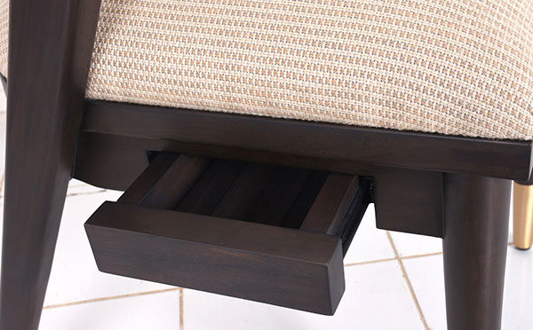 outdoor teak and sunbrella chair with drawer