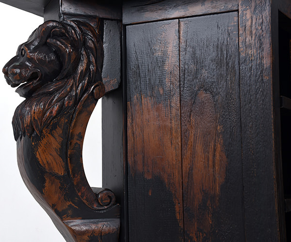 Shisha teak cabinet with handmade wood carvings lion head with dark distressed finish