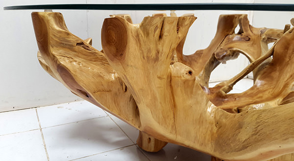 round teak root table with glass top