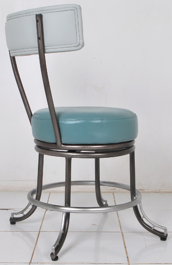 black and silver iron and blue leather bar chair with swivel