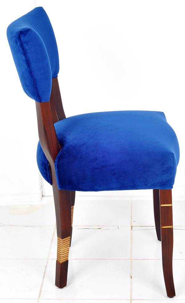 blue velvet and wood dining chair
