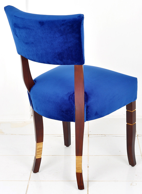 blue velvet and wood dining chair with side drawer