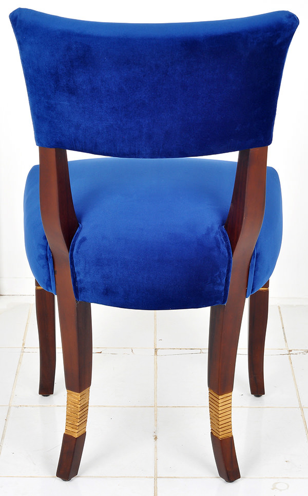 blue velvet and teak wood dining chair with side drawer
