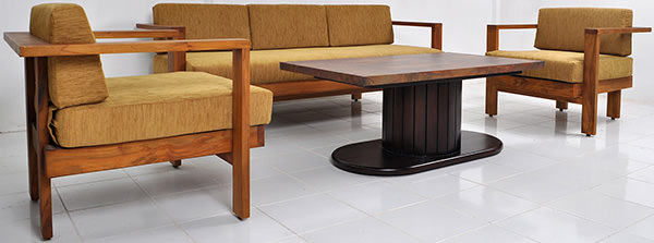 teak and yellow linen sofa set with vintage copper coffee table