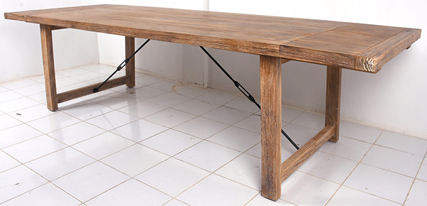 natural solid teak extendable rustic dining table with iron fittings and matte coating