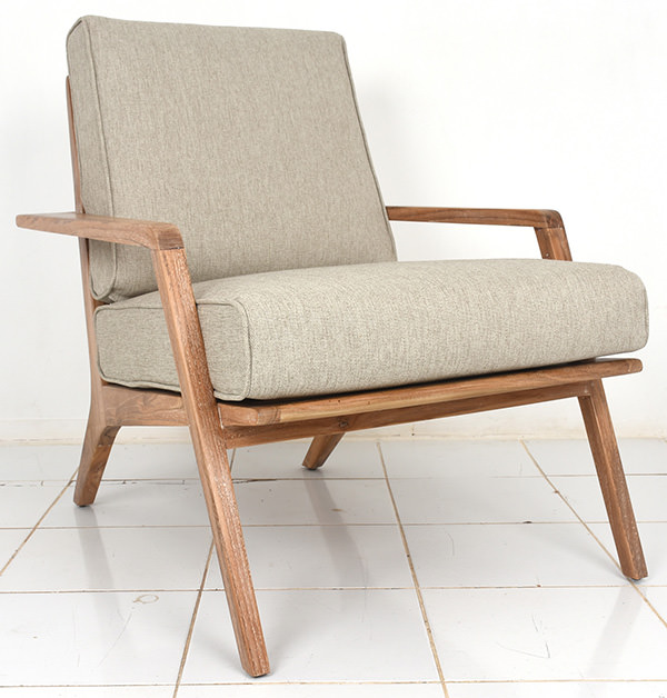 solid teak Scandinavian armchair with grey linen upholstery