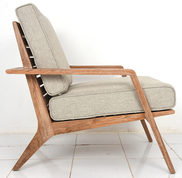 outdoor solid teak Scandinavian armchair with grey linen upholstery