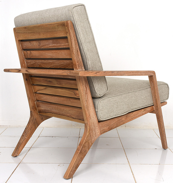 outdoor solid teak Scandinavian armchair with grey linen upholstery and natural finish