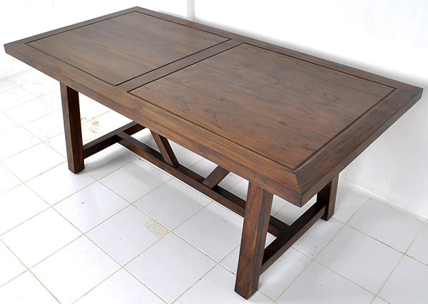 indoor teak square restaurant table with brown stain