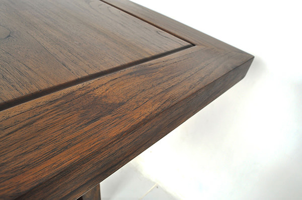 indoor teak square restaurant table with brown stain and smooth sanding