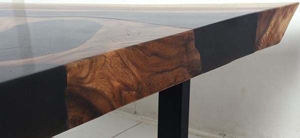 wooden table top with resin river insert