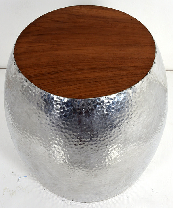 hand-hammered aluminum and teak stool