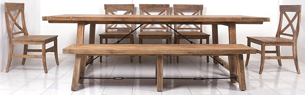 one table, one bench and five chairs