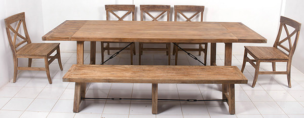one table, one bench and five teak chairs