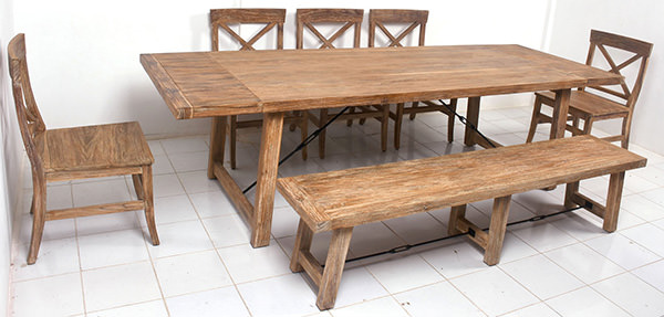 one table, one bench and five solid teak chairs
