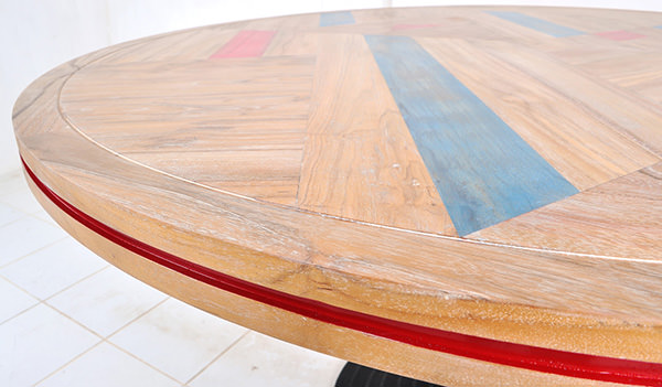 teak dining table with red and blue solid paint