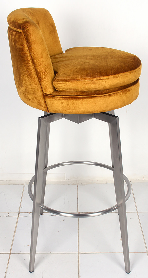 Lounge bar chair with golden velvet seat and brushed stainless legs