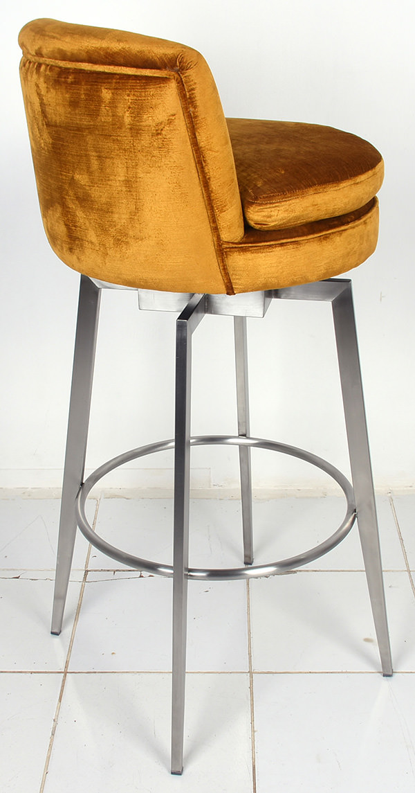 Lounge bar chair with golden velvet seat and brushed hairline stainless legs