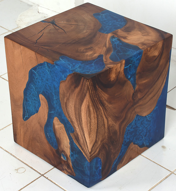 solid wood and resin stool with inserts