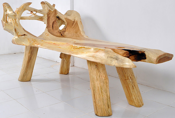 teak root bench with natural shape and free edges