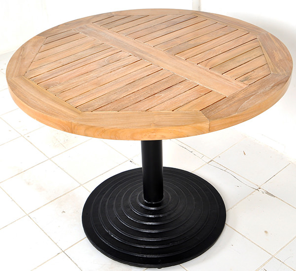 teak round restaurant table with central iron leg