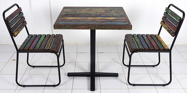 set of industrial wood and metal restaurant chairs and table