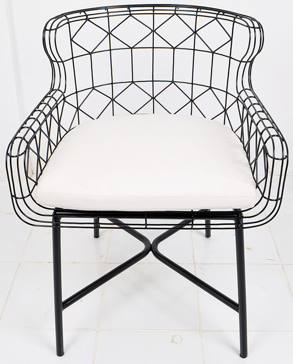 Black anti rust iron wire Danish armchair with white outdoor cushion