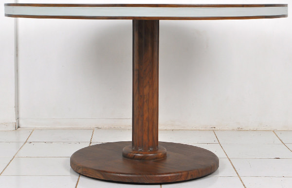 large restaurant teak oval table with leather strip and vintage finish