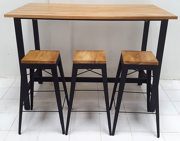 iron and wood table and stools