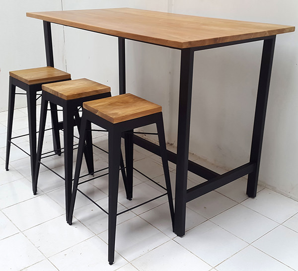 black iron and teak wood table and stools