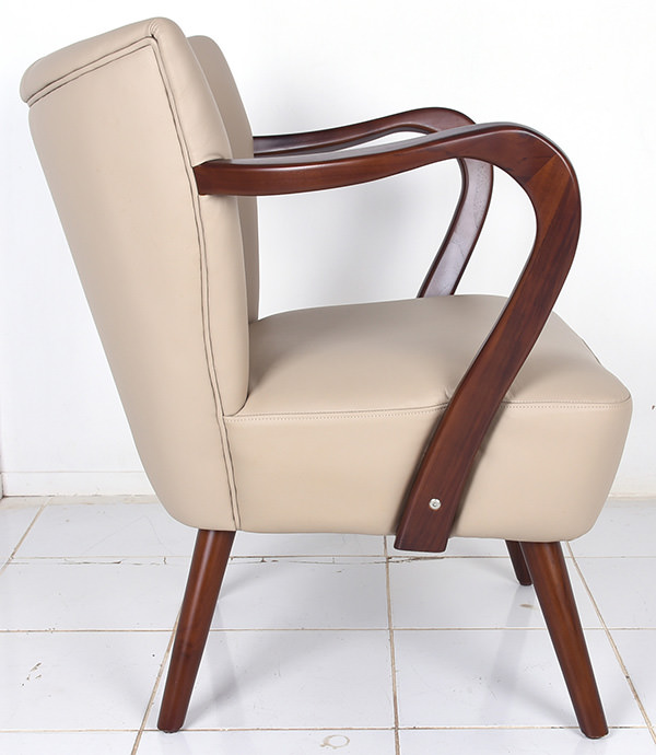 classic mid-century French armchair with mahogany arms