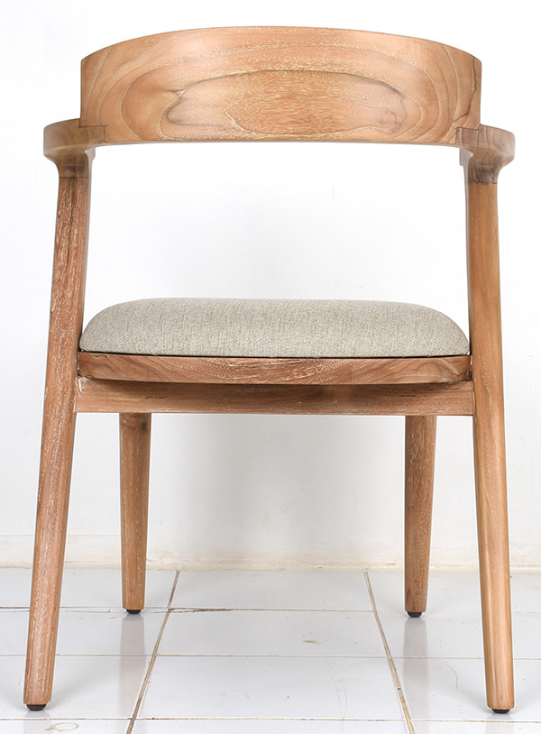 simple teak dining chair with slender back legs and curved backseat