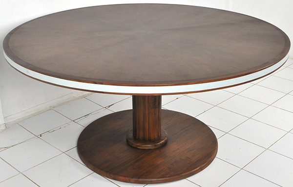 round table with solid timber, leather and veneer