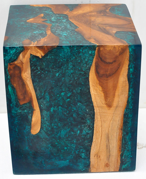 teak root and blue resin with inserts cube stool