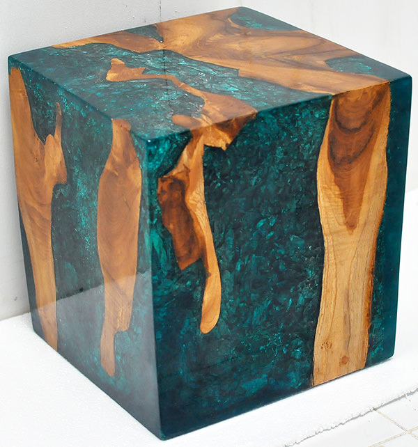 teak root and blue resin with inserts cube stool with a glossy finish