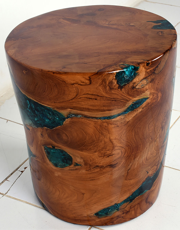 round teak and blue resin stool