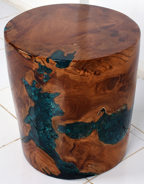 round solid teak and blue resin stool