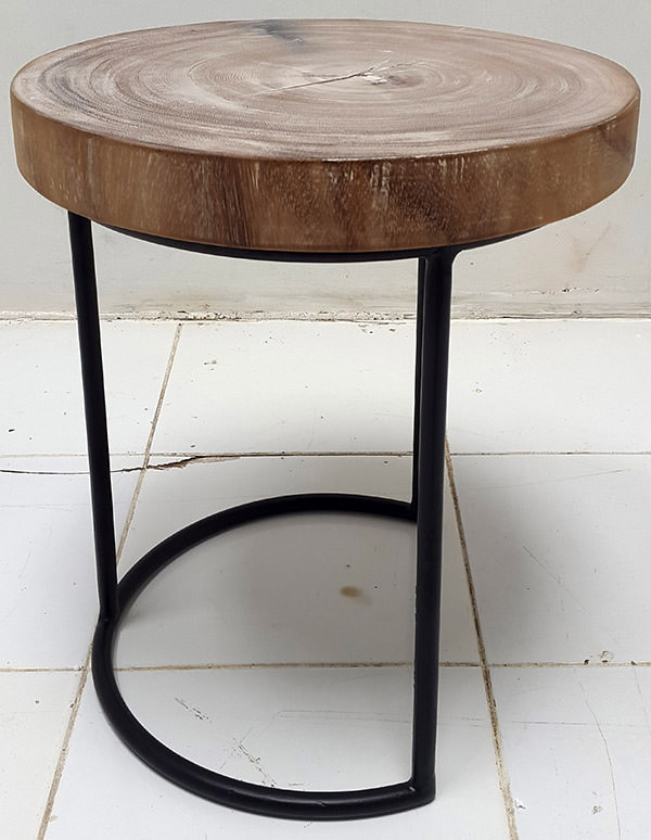 round wooden stool with iron legs