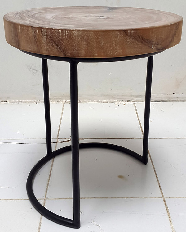 round stool with iron legs and teak wood top