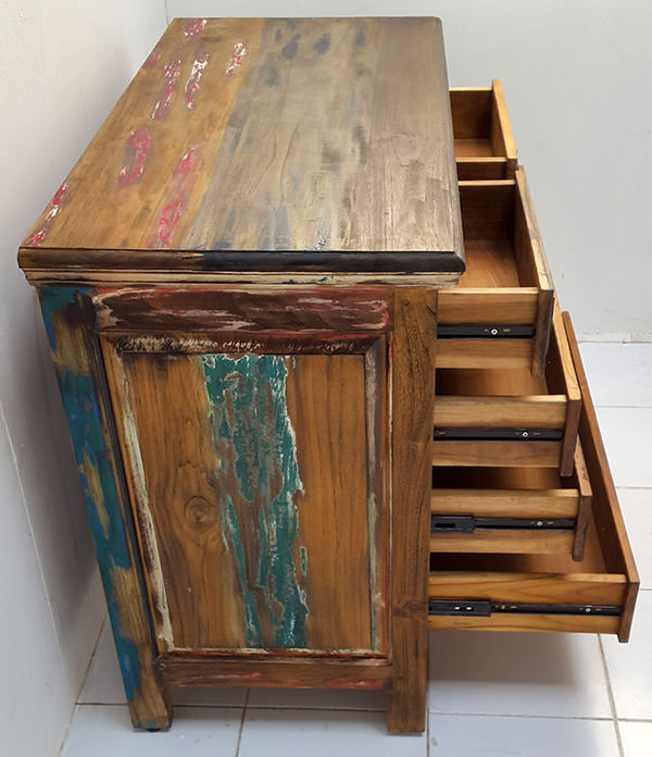 recycled teak boat wood cabinet with drawers