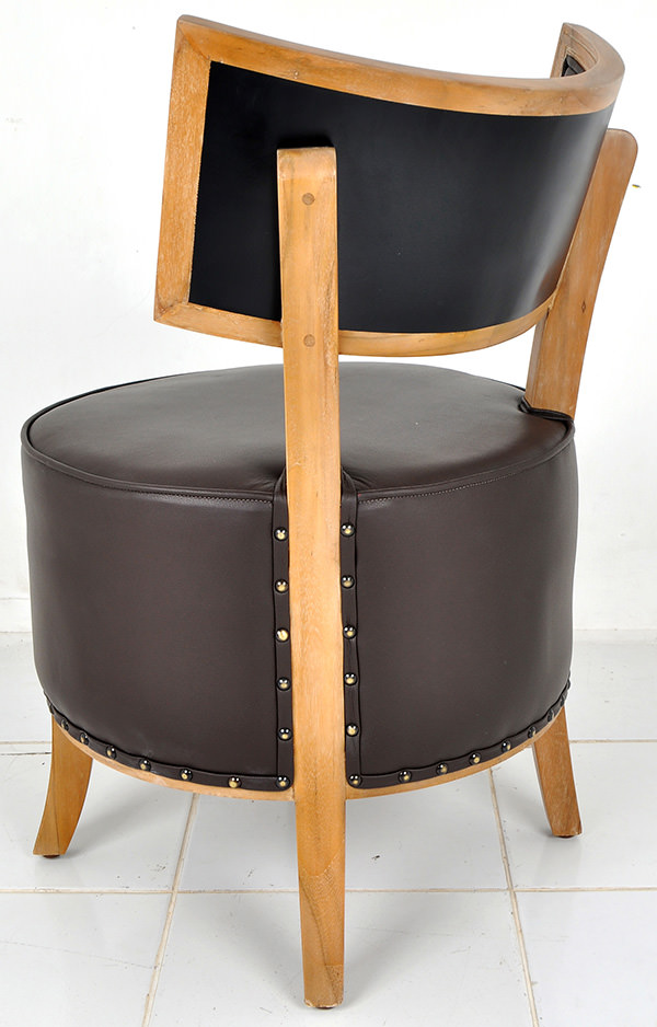 natural teak wood and genuine brown leather lounge chair