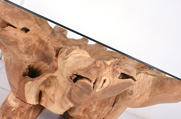 teak root coffee table with glass top