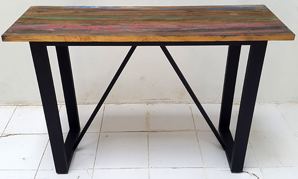 teak boar wood console table with black iron legs