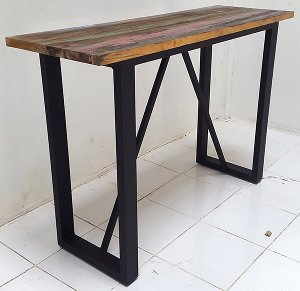 teak boar wood console table with black powder coated iron legs