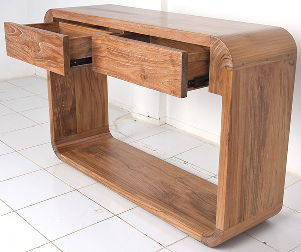 solid teak timber console table with two drawers