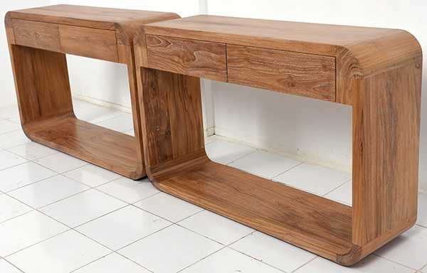 two solid teak timber console tables with drawers