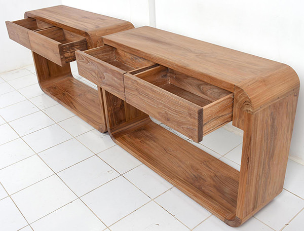 two solid teak timber console tables with open drawers