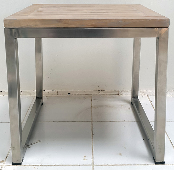 square white washed garden teak table top with stainless steel legs