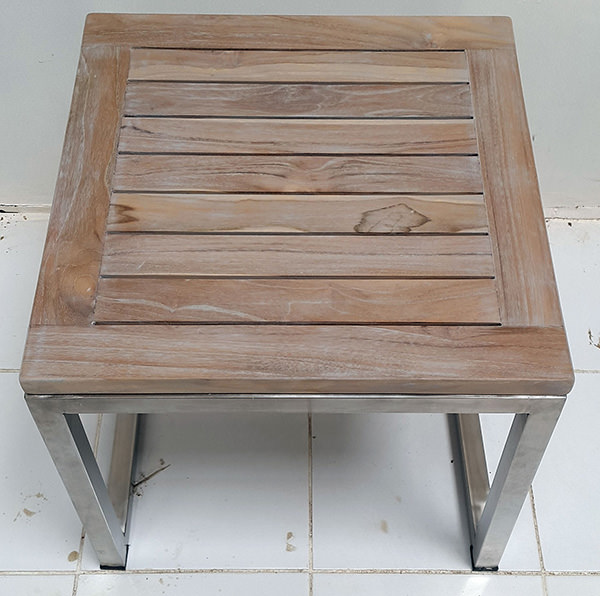 distressed square white washed garden teak table top with stainless steel legs