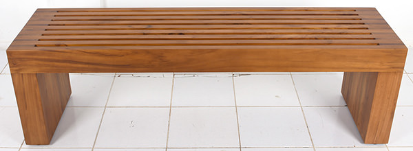 open slat wooden rectangle bench with natural finish